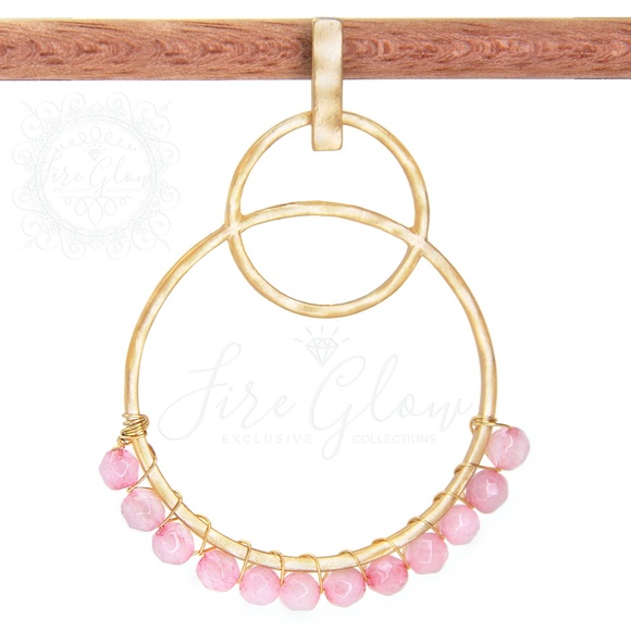 Rose Quartz Bead Gold Tone Tiered Hoop Earrings - Picture 9 of 10